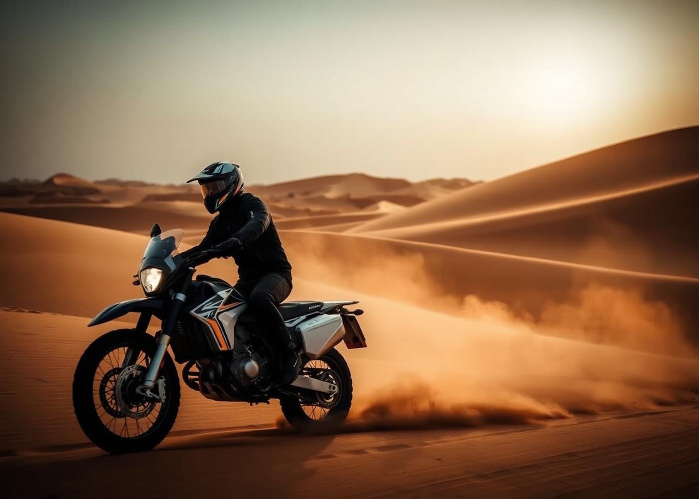 Rider crossing Moroccan dunes at golden hour